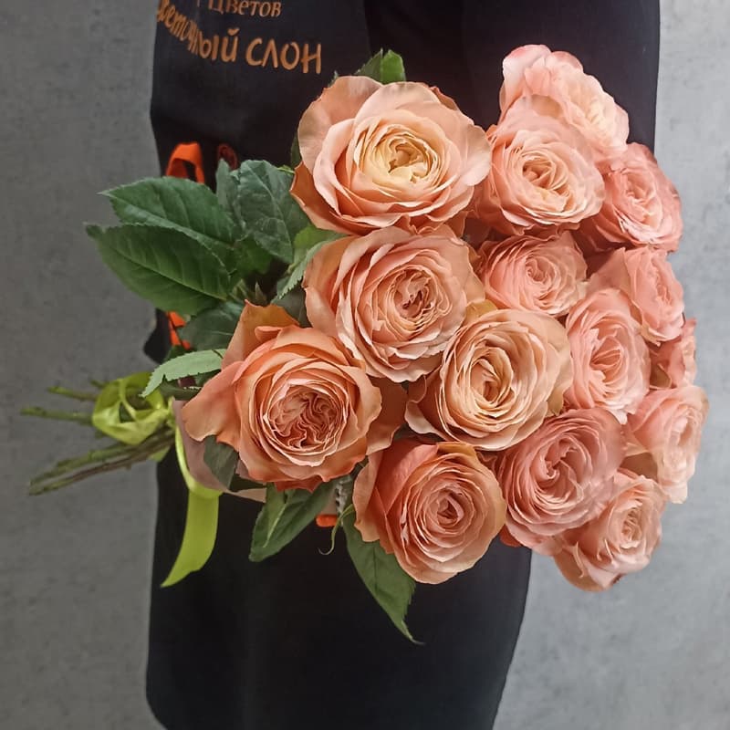 15 персиковых пионовидных роз